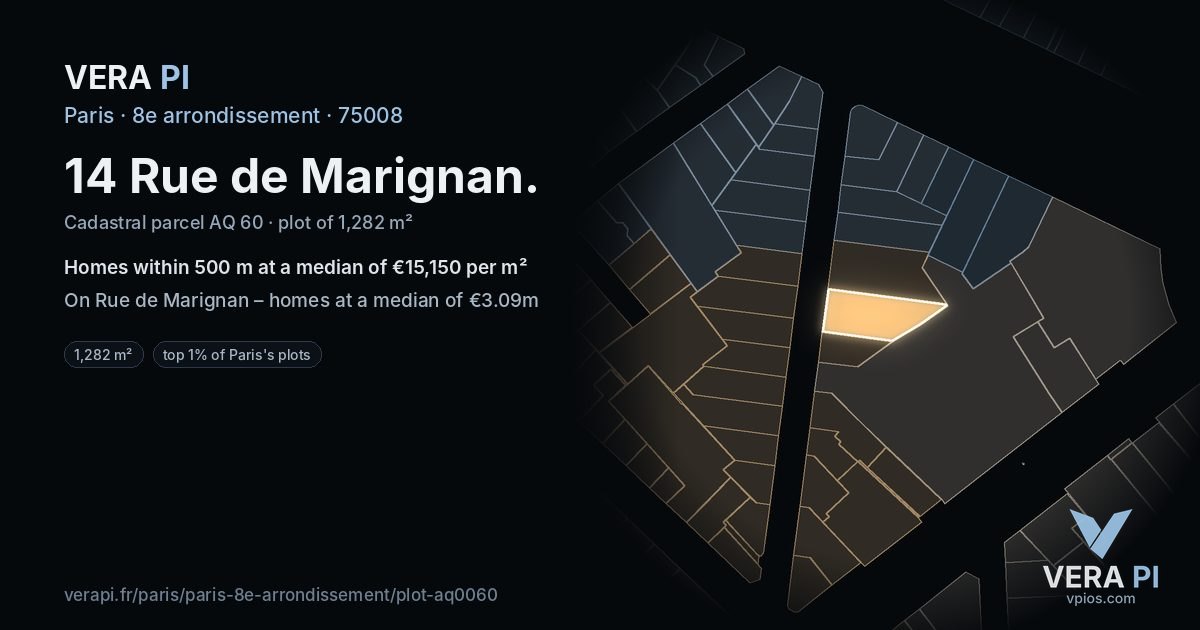 14 Rue de Marignan, 8e arrondissement at night – the plot lit, the parcels around coloured by the prices near them