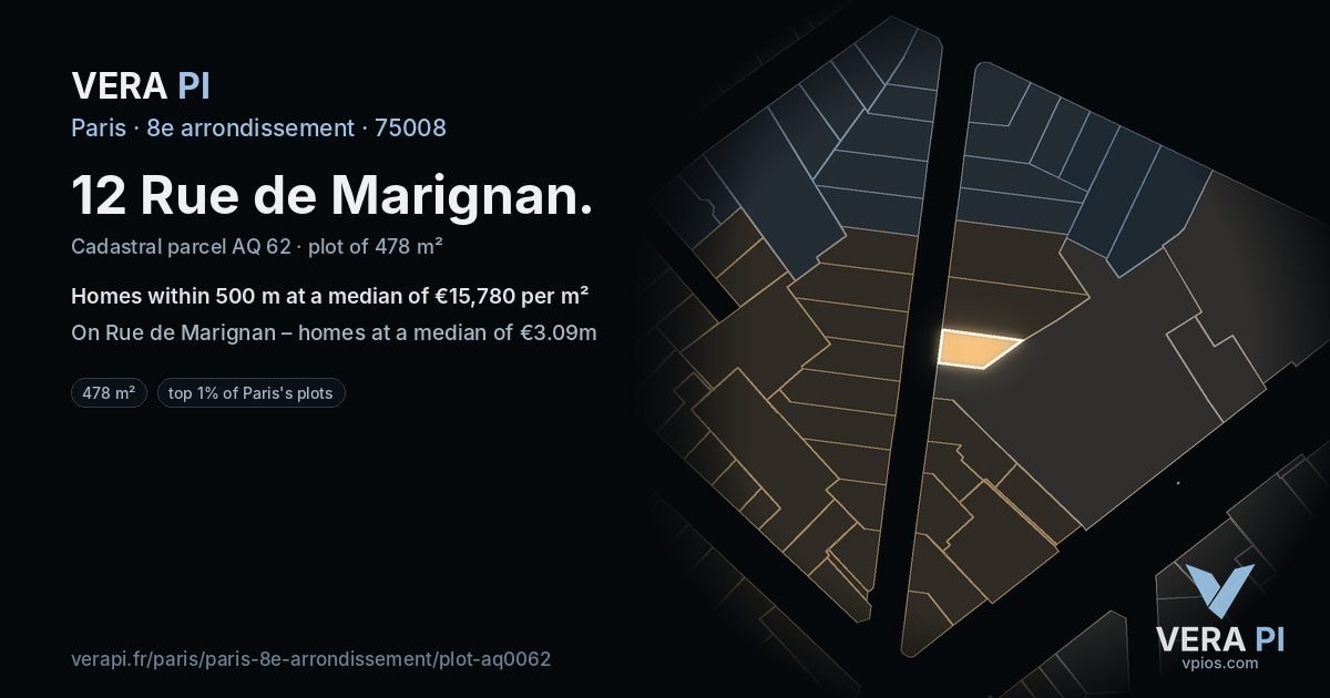 12 Rue de Marignan, 8e arrondissement at night – the plot lit, the parcels around coloured by the prices near them