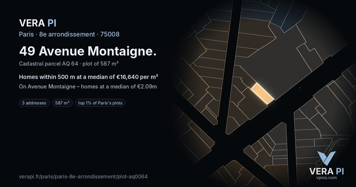 49 Avenue Montaigne, 8e arrondissement at night – the plot lit, the parcels around coloured by the prices near them