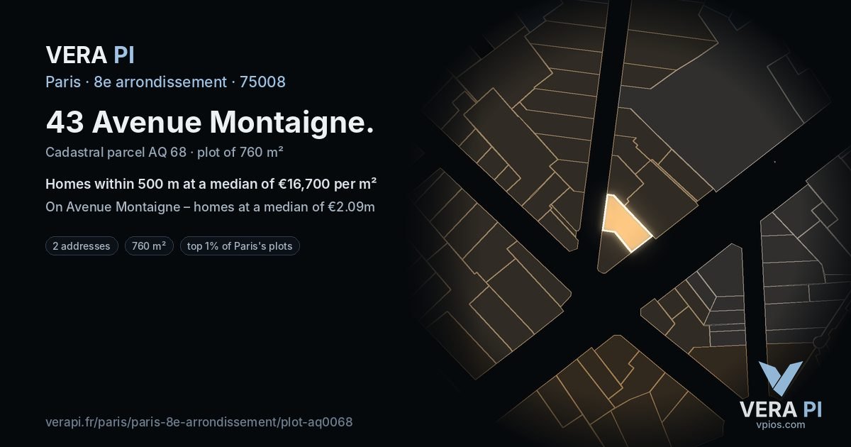 43 Avenue Montaigne, 8e arrondissement at night – the plot lit, the parcels around coloured by the prices near them