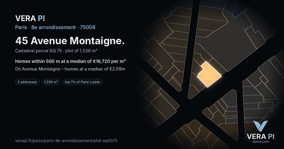 45 Avenue Montaigne, 8e arrondissement at night – the plot lit, the parcels around coloured by the prices near them