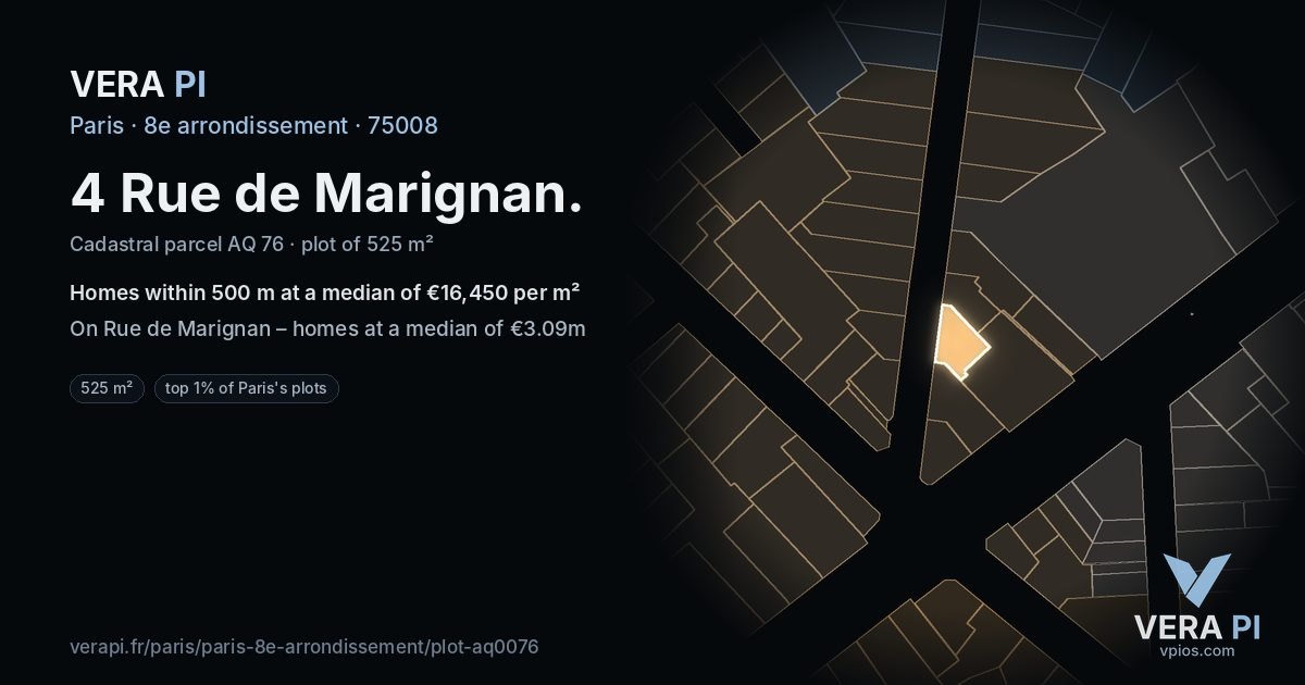 4 Rue de Marignan, 8e arrondissement at night – the plot lit, the parcels around coloured by the prices near them