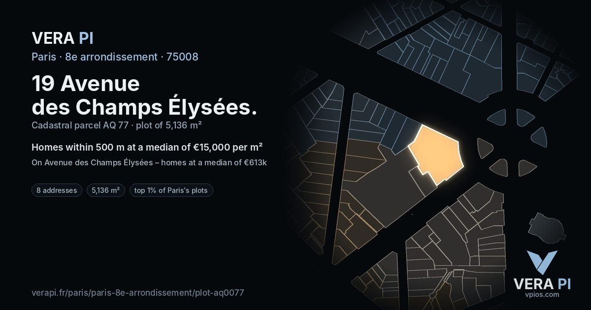 19 Avenue des Champs Élysées, 8e arrondissement at night – the plot lit, the parcels around coloured by the prices near them