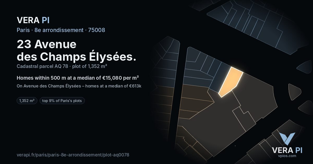 23 Avenue des Champs Élysées, 8e arrondissement at night – the plot lit, the parcels around coloured by the prices near them