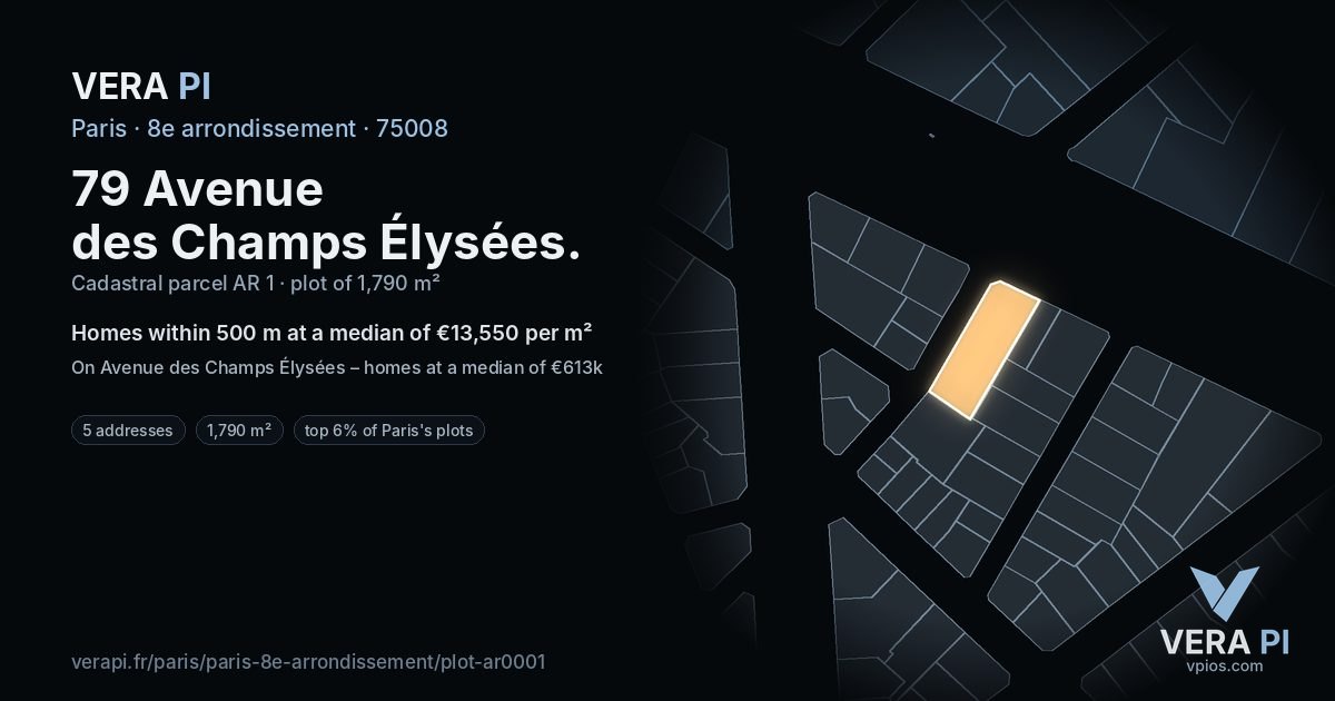 79 Avenue des Champs Élysées, 8e arrondissement at night – the plot lit, the parcels around coloured by the prices near them