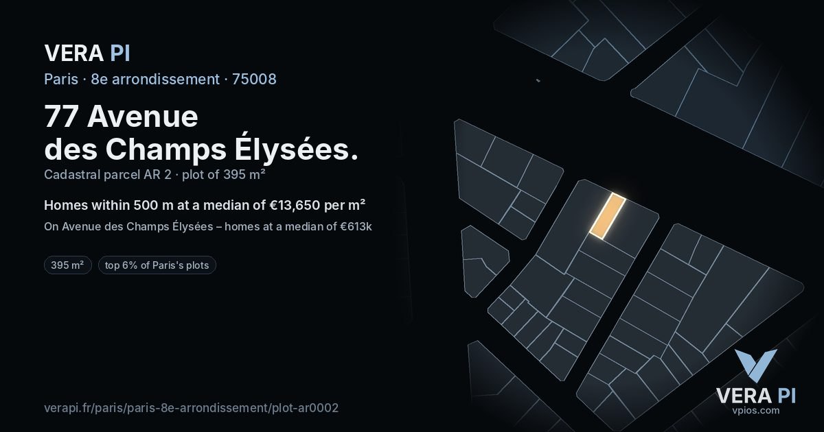 77 Avenue des Champs Élysées, 8e arrondissement at night – the plot lit, the parcels around coloured by the prices near them