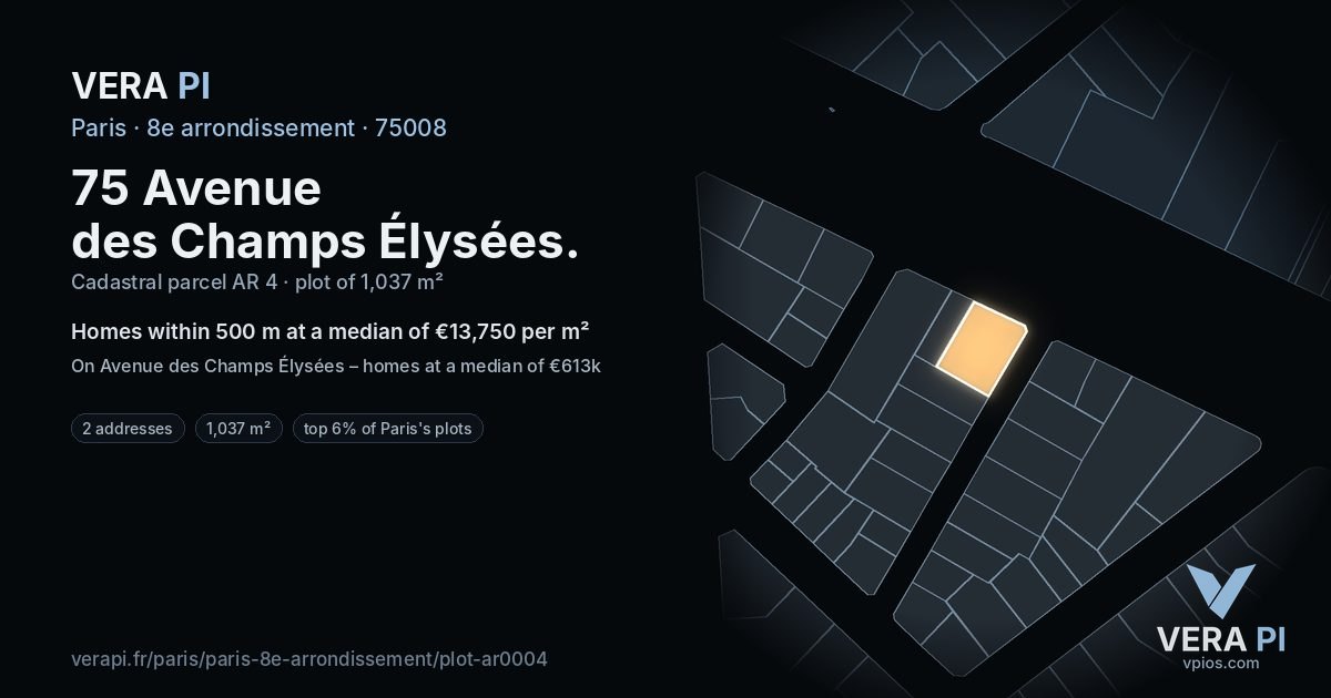 75 Avenue des Champs Élysées, 8e arrondissement at night – the plot lit, the parcels around coloured by the prices near them