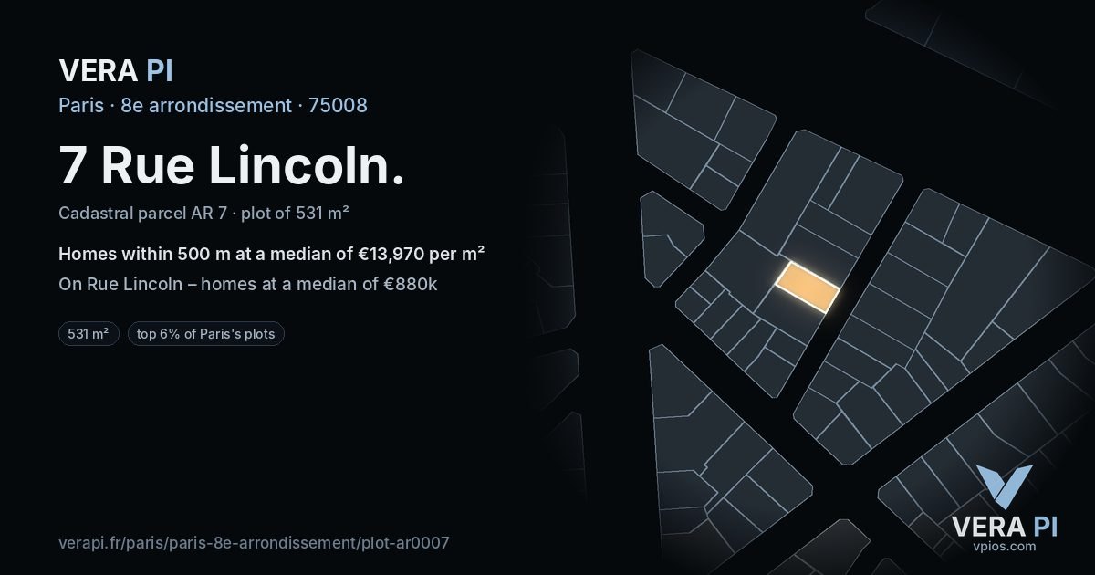 7 Rue Lincoln, 8e arrondissement at night – the plot lit, the parcels around coloured by the prices near them