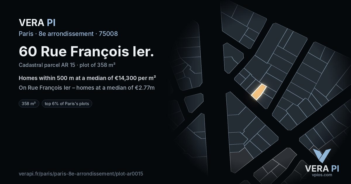 60 Rue François Ier, 8e arrondissement at night – the plot lit, the parcels around coloured by the prices near them