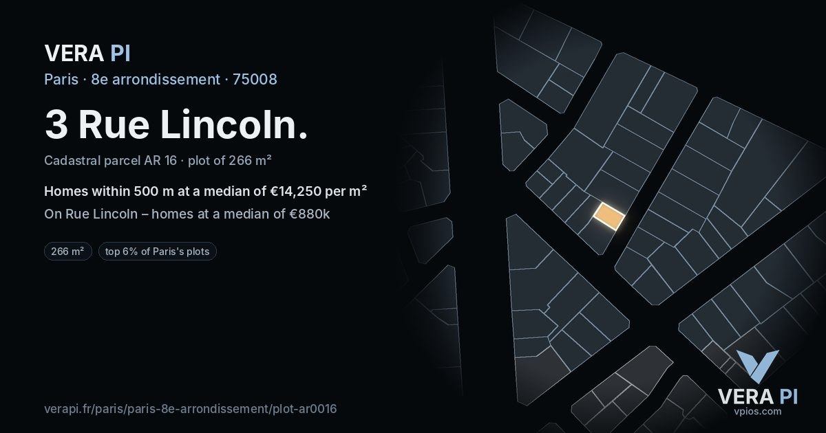 3 Rue Lincoln, 8e arrondissement at night – the plot lit, the parcels around coloured by the prices near them