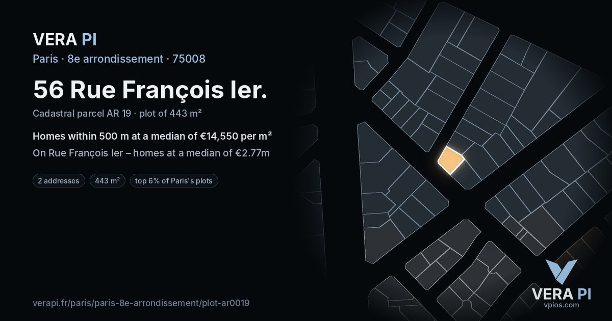 56 Rue François Ier, 8e arrondissement at night – the plot lit, the parcels around coloured by the prices near them