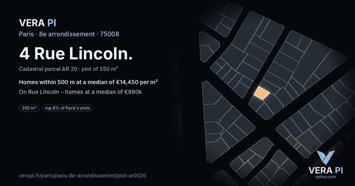 4 Rue Lincoln, 8e arrondissement at night – the plot lit, the parcels around coloured by the prices near them
