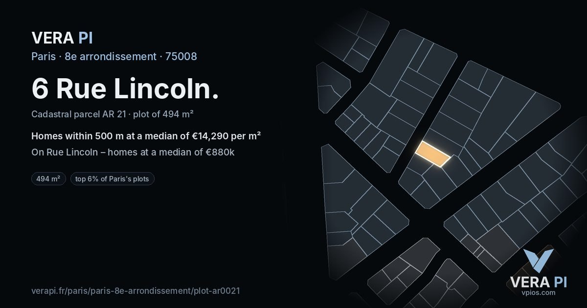 6 Rue Lincoln, 8e arrondissement at night – the plot lit, the parcels around coloured by the prices near them
