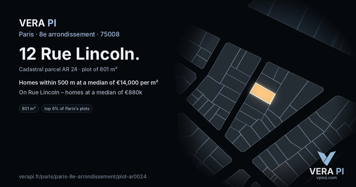 12 Rue Lincoln, 8e arrondissement at night – the plot lit, the parcels around coloured by the prices near them