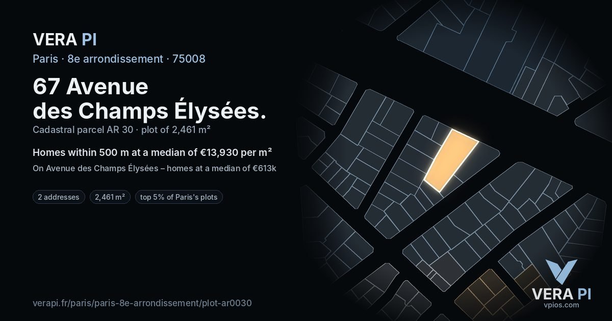 67 Avenue des Champs Élysées, 8e arrondissement at night – the plot lit, the parcels around coloured by the prices near them