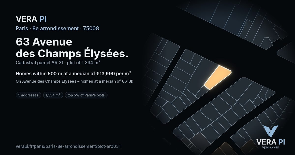 63 Avenue des Champs Élysées, 8e arrondissement at night – the plot lit, the parcels around coloured by the prices near them