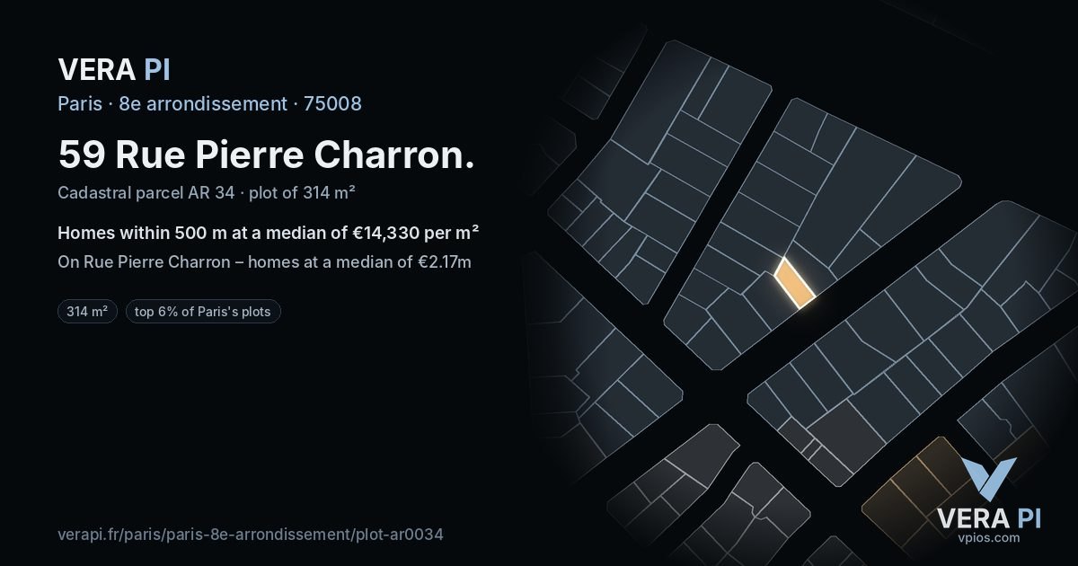 59 Rue Pierre Charron, 8e arrondissement at night – the plot lit, the parcels around coloured by the prices near them