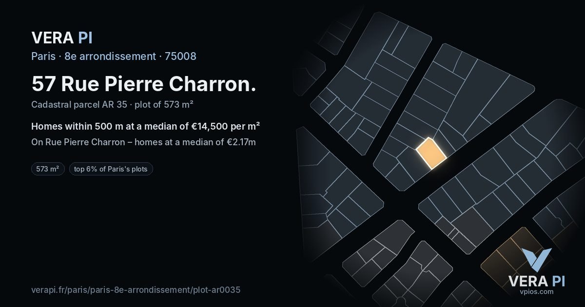 57 Rue Pierre Charron, 8e arrondissement at night – the plot lit, the parcels around coloured by the prices near them