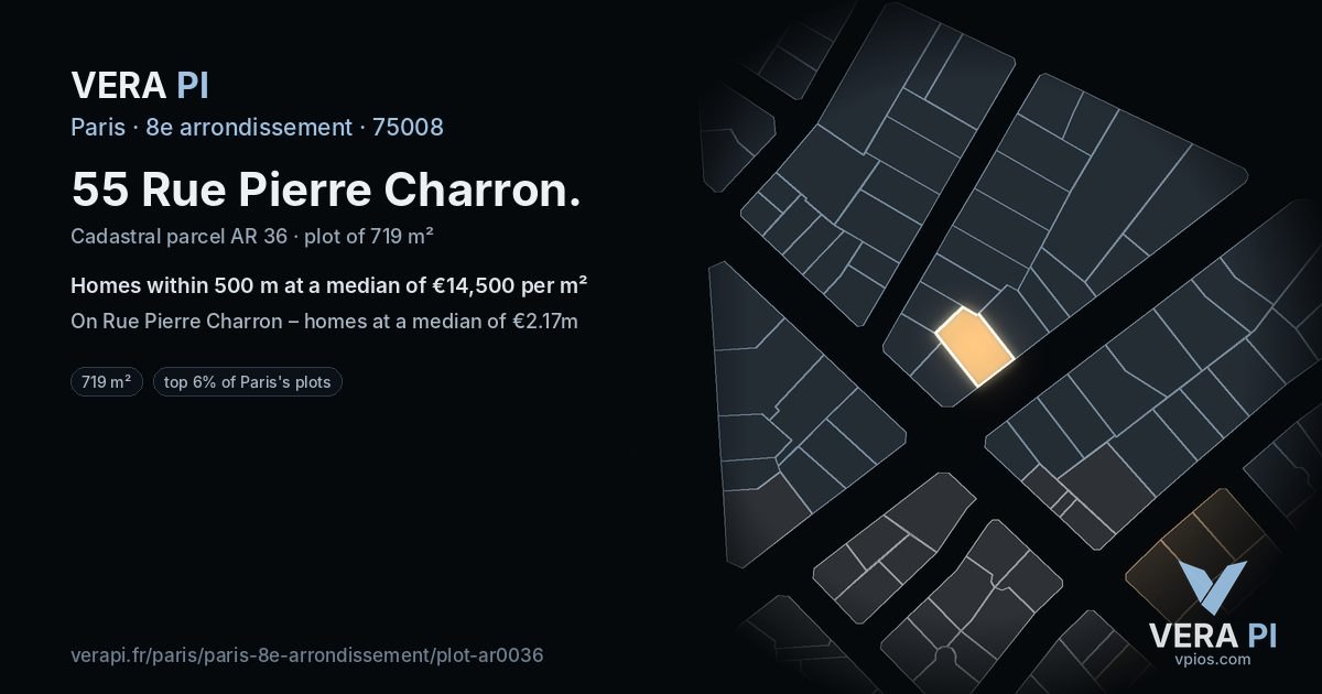 55 Rue Pierre Charron, 8e arrondissement at night – the plot lit, the parcels around coloured by the prices near them