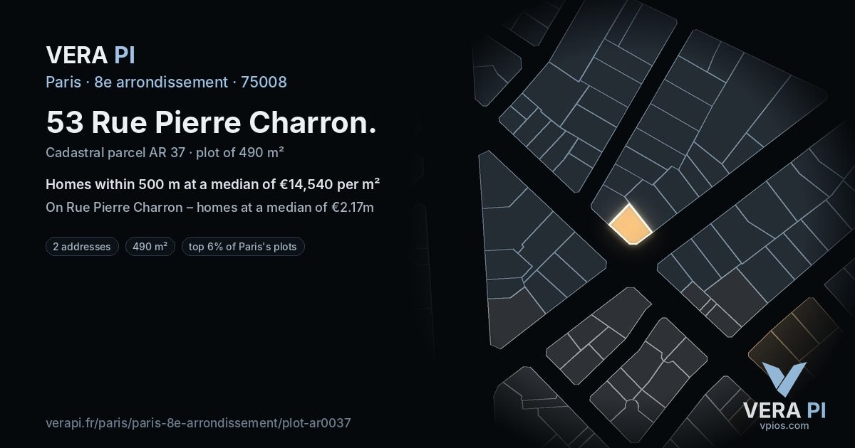 53 Rue Pierre Charron, 8e arrondissement at night – the plot lit, the parcels around coloured by the prices near them