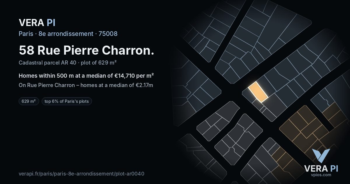 58 Rue Pierre Charron, 8e arrondissement at night – the plot lit, the parcels around coloured by the prices near them