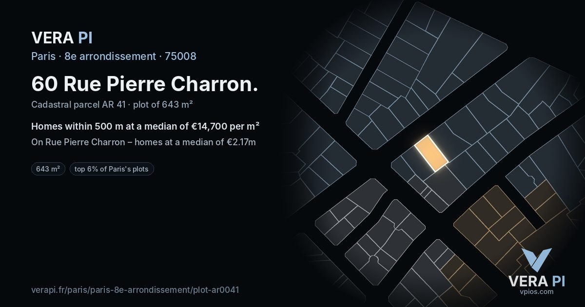 60 Rue Pierre Charron, 8e arrondissement at night – the plot lit, the parcels around coloured by the prices near them
