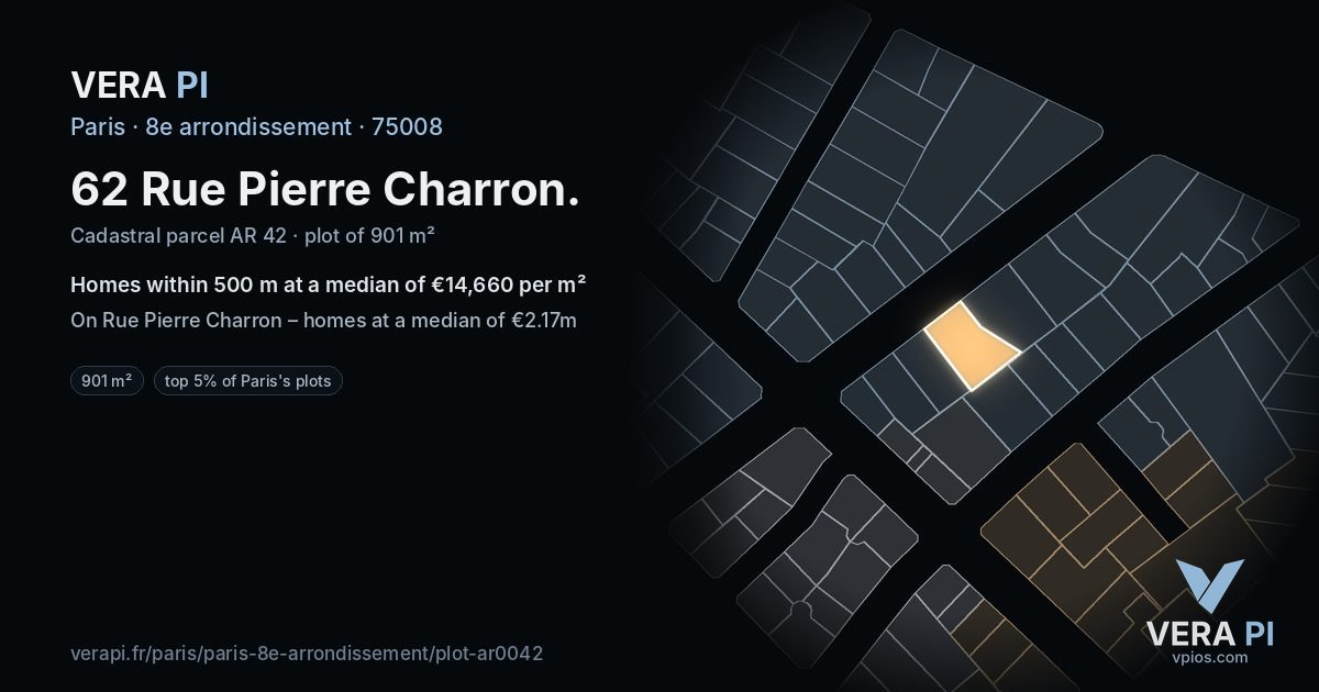 62 Rue Pierre Charron, 8e arrondissement at night – the plot lit, the parcels around coloured by the prices near them