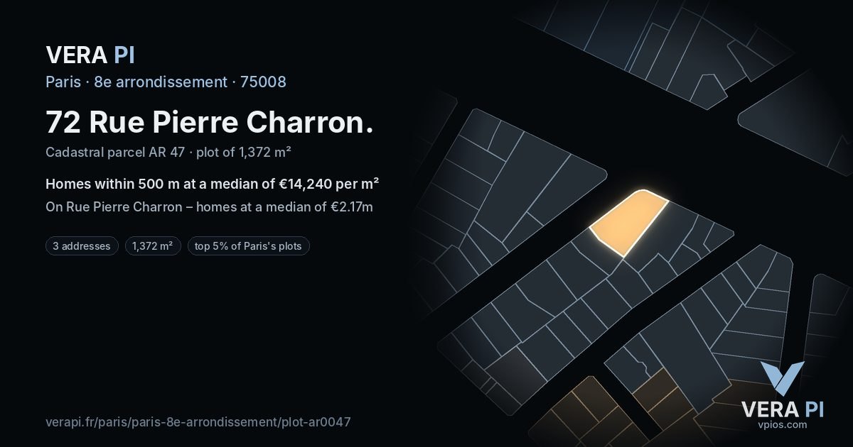 72 Rue Pierre Charron, 8e arrondissement at night – the plot lit, the parcels around coloured by the prices near them