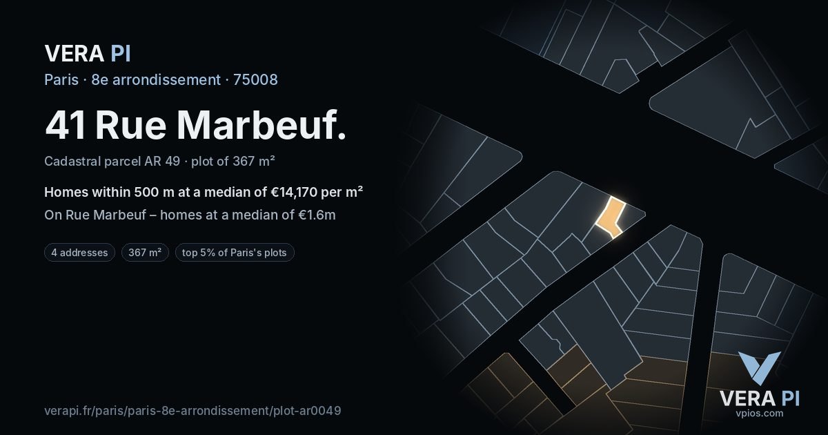 41 Rue Marbeuf, 8e arrondissement at night – the plot lit, the parcels around coloured by the prices near them