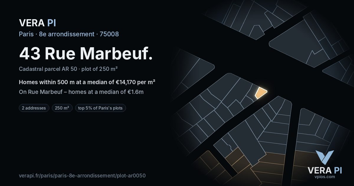 43 Rue Marbeuf, 8e arrondissement at night – the plot lit, the parcels around coloured by the prices near them