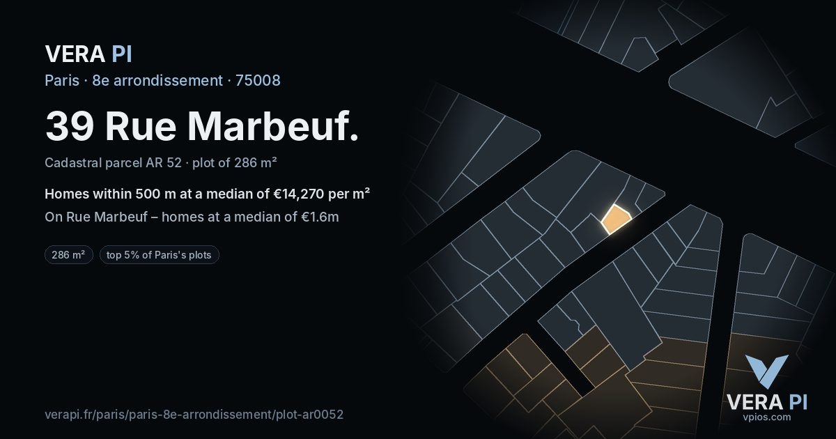 39 Rue Marbeuf, 8e arrondissement at night – the plot lit, the parcels around coloured by the prices near them