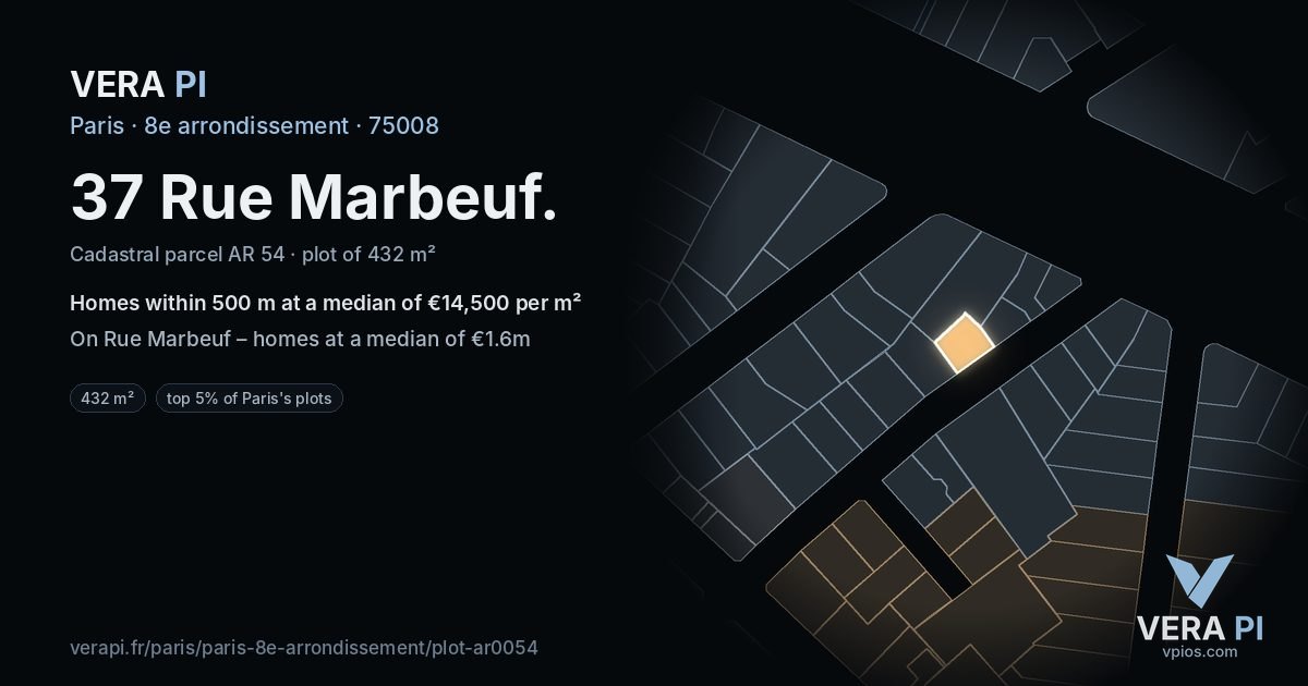 37 Rue Marbeuf, 8e arrondissement at night – the plot lit, the parcels around coloured by the prices near them