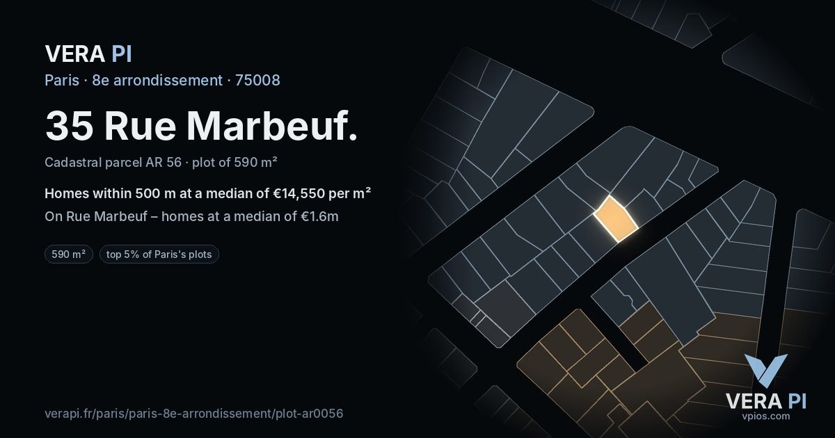 35 Rue Marbeuf, 8e arrondissement at night – the plot lit, the parcels around coloured by the prices near them