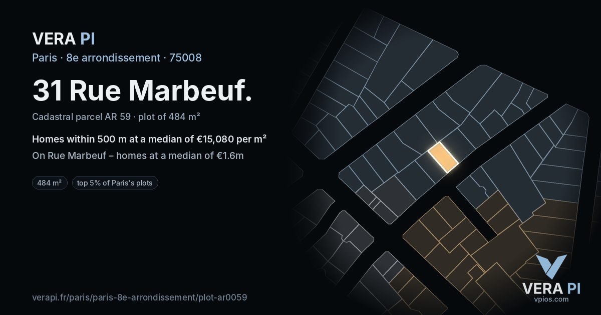 31 Rue Marbeuf, 8e arrondissement at night – the plot lit, the parcels around coloured by the prices near them