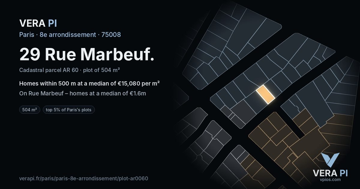 29 Rue Marbeuf, 8e arrondissement at night – the plot lit, the parcels around coloured by the prices near them