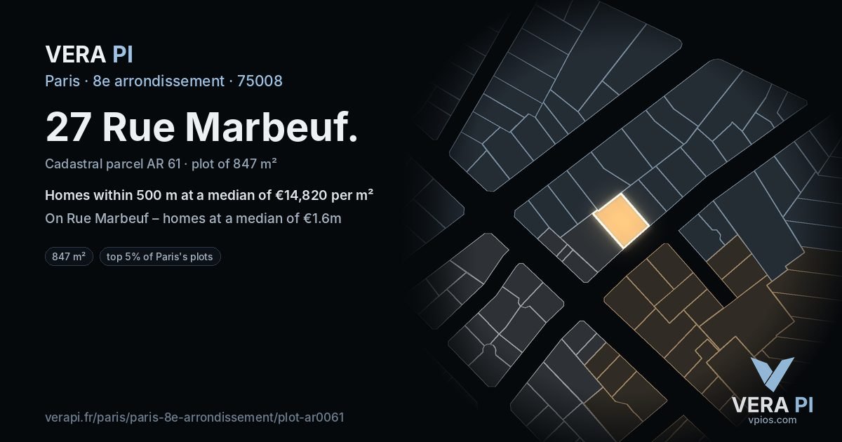 27 Rue Marbeuf, 8e arrondissement at night – the plot lit, the parcels around coloured by the prices near them