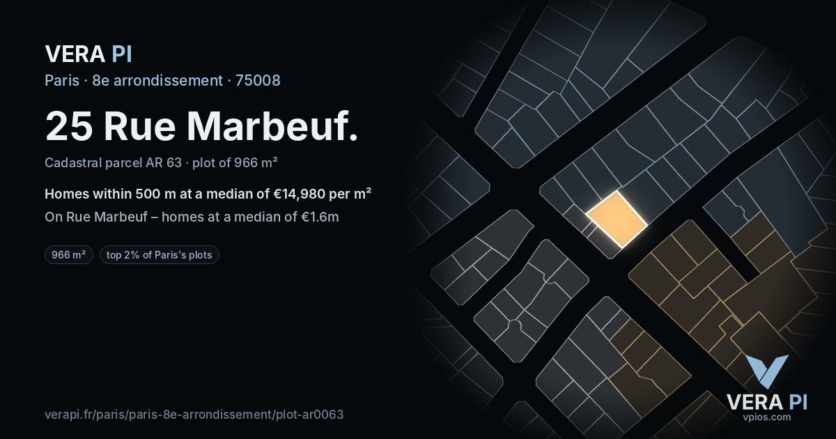 25 Rue Marbeuf, 8e arrondissement at night – the plot lit, the parcels around coloured by the prices near them