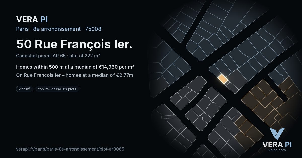 50 Rue François Ier, 8e arrondissement at night – the plot lit, the parcels around coloured by the prices near them