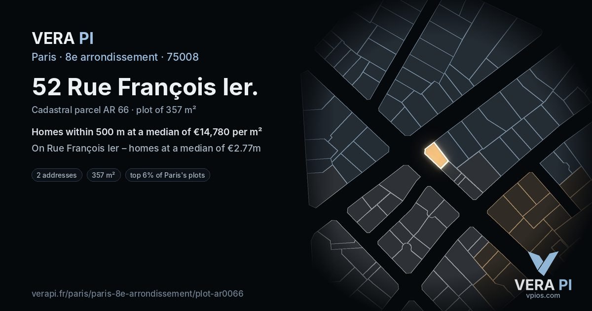 52 Rue François Ier, 8e arrondissement at night – the plot lit, the parcels around coloured by the prices near them