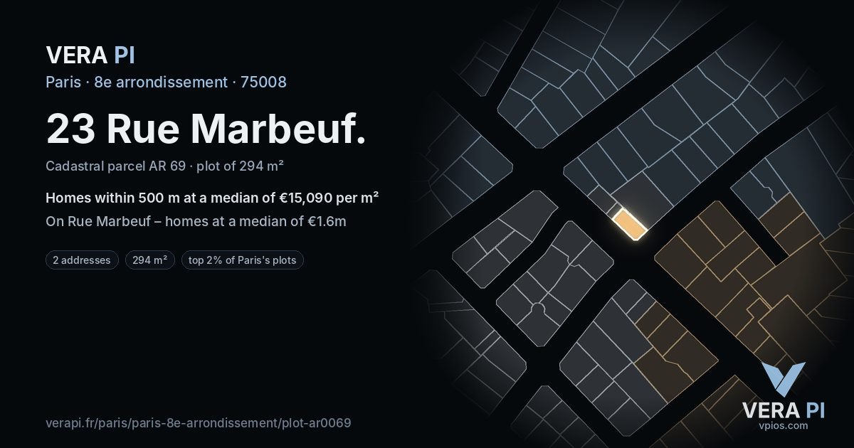 23 Rue Marbeuf, 8e arrondissement at night – the plot lit, the parcels around coloured by the prices near them