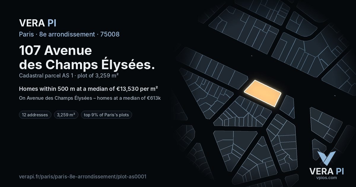 107 Avenue des Champs Élysées, 8e arrondissement at night – the plot lit, the parcels around coloured by the prices near them