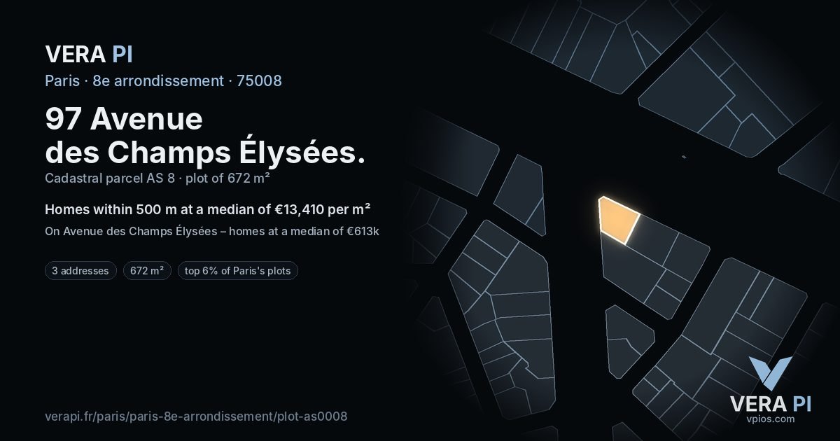 97 Avenue des Champs Élysées, 8e arrondissement at night – the plot lit, the parcels around coloured by the prices near them
