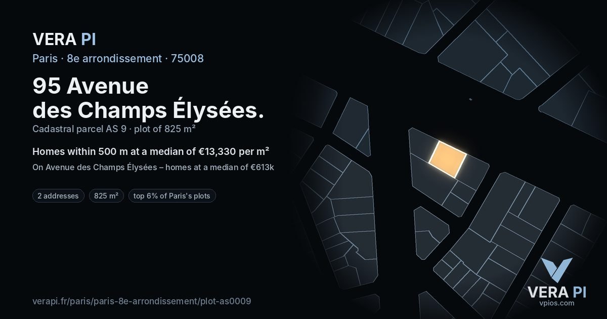 95 Avenue des Champs Élysées, 8e arrondissement at night – the plot lit, the parcels around coloured by the prices near them