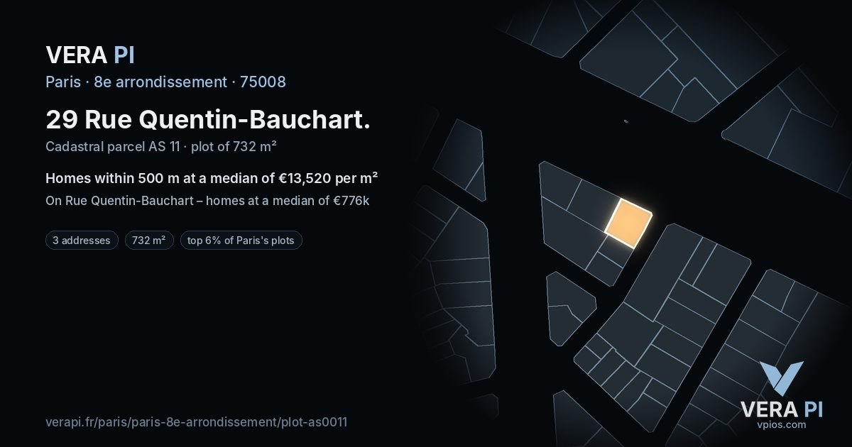 29 Rue Quentin-Bauchart, 8e arrondissement at night – the plot lit, the parcels around coloured by the prices near them