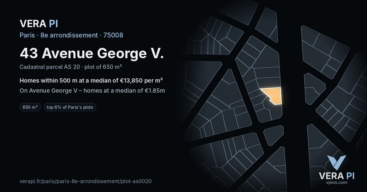 43 Avenue George V, 8e arrondissement at night – the plot lit, the parcels around coloured by the prices near them