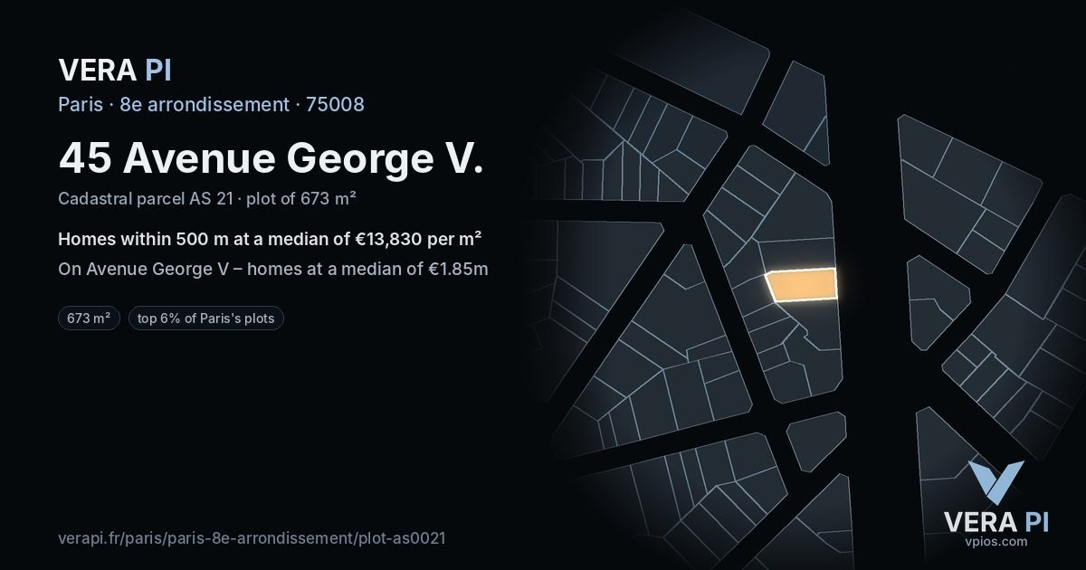 45 Avenue George V, 8e arrondissement at night – the plot lit, the parcels around coloured by the prices near them