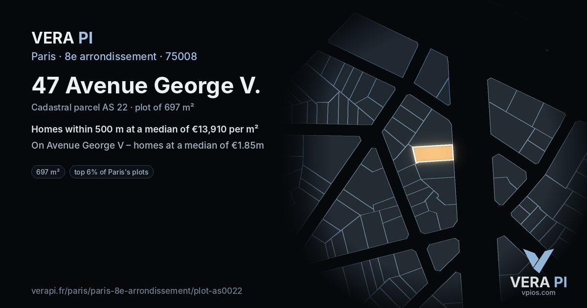 47 Avenue George V, 8e arrondissement at night – the plot lit, the parcels around coloured by the prices near them