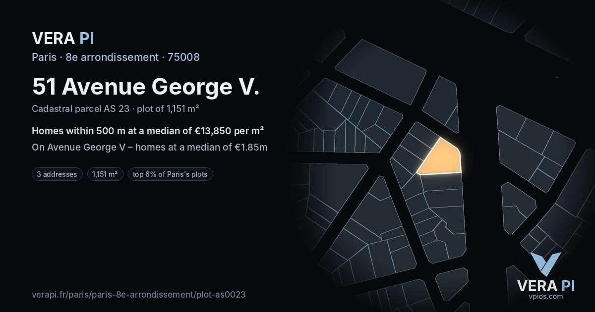 51 Avenue George V, 8e arrondissement at night – the plot lit, the parcels around coloured by the prices near them
