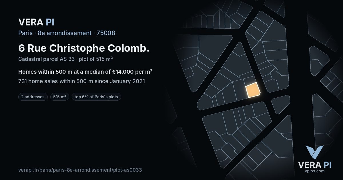6 Rue Christophe Colomb, 8e arrondissement at night – the plot lit, the parcels around coloured by the prices near them
