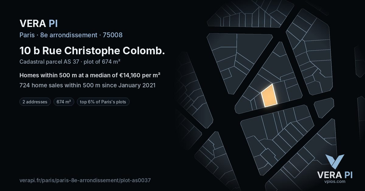 10 b Rue Christophe Colomb, 8e arrondissement at night – the plot lit, the parcels around coloured by the prices near them